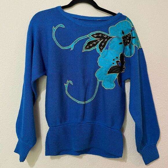 Vintage Blue Boat Neck Long Sleeve Flower Design Pullover Sweater Womens Small - Picture 1 of 6